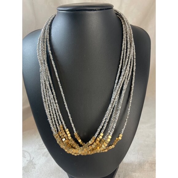 Seed Bead Gold Silver 7 Strand Waterfall Necklace Earring Set 9" Drop - Picture 3 of 6